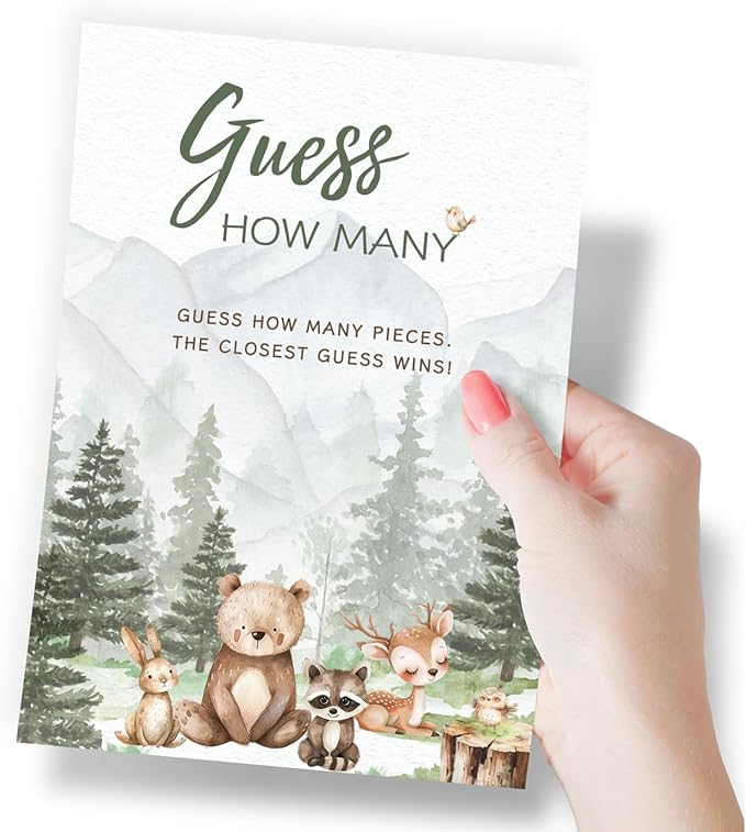 Printed Party Baby Shower Games – Woodland Adventure Candy Jar Guessing Game, Forest Animal Theme, 30 Guess How Many Cards & Matching Display Sign