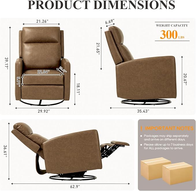 COLAMY Recliner Chair, PU Leather 360° Swivel Rocker Recliner, Nursery Glider Recliner with Ergonomic High Backrest and Upholstered Deep Seat for Living Room, Bedroom, Color Brown