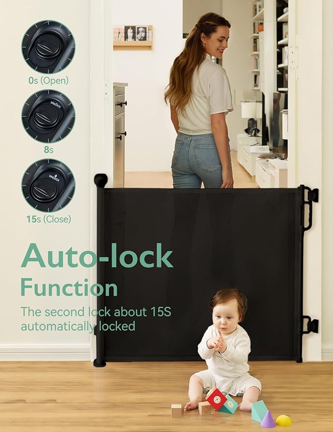 Momcozy Auto Lock Retractable Baby Gate, Safety Gate for Baby and Pet, 33” Tall, Extends to 55” Wide, Mesh Safety Dog Gate for Stairs, Indoor, Outdoor, Doorways, Hallways