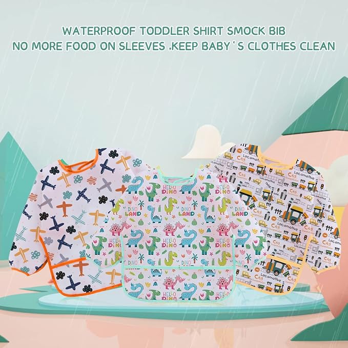 3 Pcs Waterproof Long Sleeves Baby Bibs Weaning Smock Bib 3-24 Months