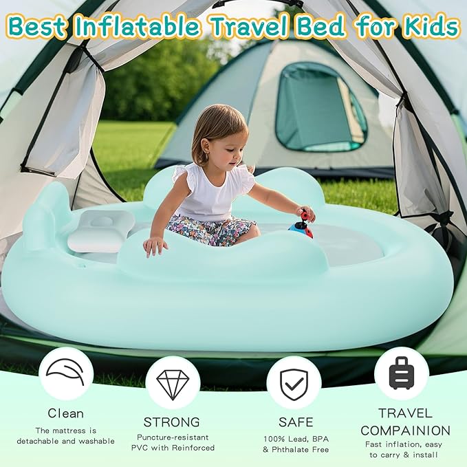 Inflatable Toddler Travel Bed - Blow Up Mattress for Kids with Waterproof Sheet Protector Portable Toddler Bed Baby Air Mattress with 3 Sides, Cozy Kids Air Mattress Set with High-Speed Pump