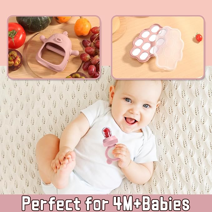 Baby Food Fruit Feeder and Breastmilk Popsicle Mold Set, 3 Pack - 1 Food Feeder Pacifier for Teething Relief, 1 Freezer Tray, 1 Baby Teether Toy, Silicone Fruit Teether (Blush)