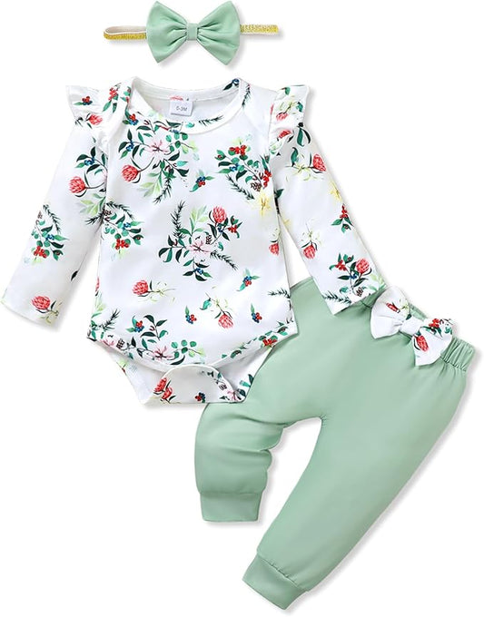 YALLET Baby Girl Clothes Newborn Infant Girl Outfits Floral Romper+Pants+Headband Fall Baby Layettes for Clothing 0-18 Months