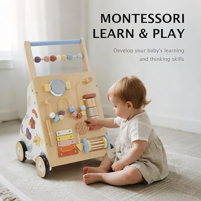 Wooden Baby Walker, Baby Push Walker, Montessori Walker Toy for Babies 12M+ Learning to Walk & Sit-to-Stand, Adjustable Speed Walkers for Boys, Baby Activity Center with Sensory Toy for Girls