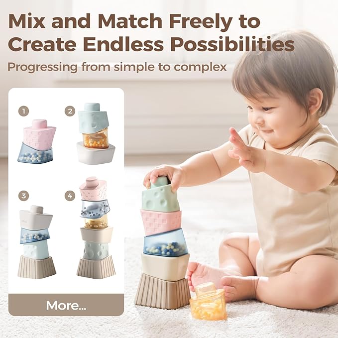 evoceler Stacking Toys for Toddlers 1-3,9° Stacking Blocks with 2 Rattles & Teethers, Soft Balance Learning Baby Toys 6-12 Months,Sensory Montessori Toy for 1 Year Old, Boys Girls Gift, 6 Blocks Set