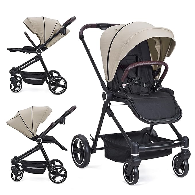 Baby Stroller, High Landscape Pushchair with Reversible Seat, One-Hand Fold and Cup Holder, 4 Modes Convertible Toddler Stroller with Storage Basket, Adjustable Footrest and Canopy, Beige