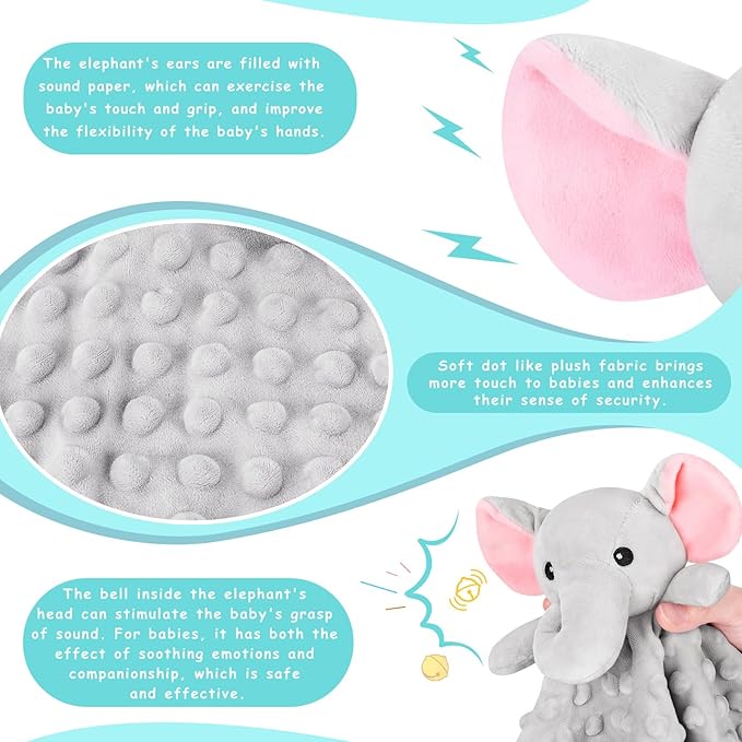 Loveys for Babies,Soft Baby Security Blanket for Newborn Infant Toddler Snuggle Toy Stuffed Animal,Lovey Elephant Security Blankets Baby Unisex Gifts(Gray Elephant,12.4in)