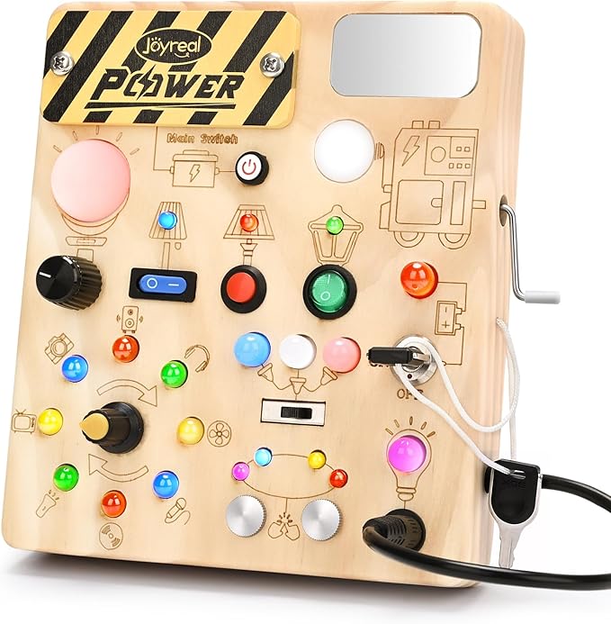 Joyreal Busy Board with 22 LED Light - Montessori Toys for 1 2 3 Years Old, Wooden Toddler Sensory Board for Kids with Autism, Fidget Board Travel Toys for 1+ Year Old Boy & Girl Birthday Gift (Big)