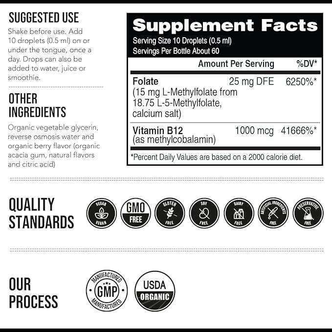 L Methyl Folate 15mg Plus Methyl B12 Cofactor – Organic Berry Flavor, High Potency Liquid Sublingual Active 5-MTHF Form - Supports Mood, Methylation, Cognition – Bioactive Forms Vitamin B9 & B12 (1oz)