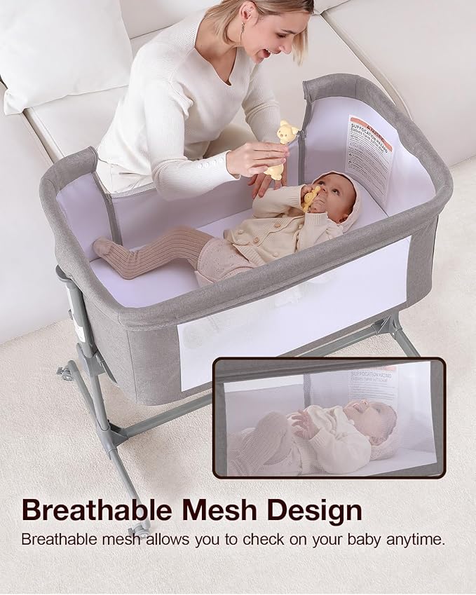 Larex Baby Bassinet, 3 in 1 Bassinets Bedside Sleeper for Newborn, Portable Crib Adjustable 7 Height Bedside Bassinet with Mattress and Wheels Light Grey