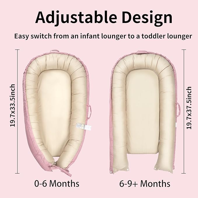Baby Lounger, Baby Nest Cover for Baby, Reversible & Breathable Cotton, Adjustable Baby Floor Seat for Tummy Time, Portable Infant Lounger, Essentials for Newborns (Pink)