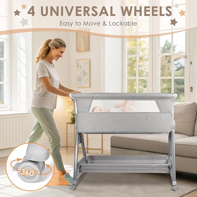 BIERUM Baby Bassinet for Baby - 7 Height Adjustable Bedside Bassinet with Lockable Wheels, Easy to Assemble Portable Bedside Crib with Large Storage Bag & Mattress for Newborn/Infant