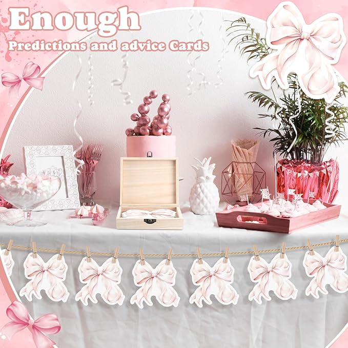 50 Pcs Double Side Pink Bow Baby Predictions & Advice Pink Bow Cards for New Parents Baby Shower Games with Cards Wooden Keepsake Box for Wishes Decorations
