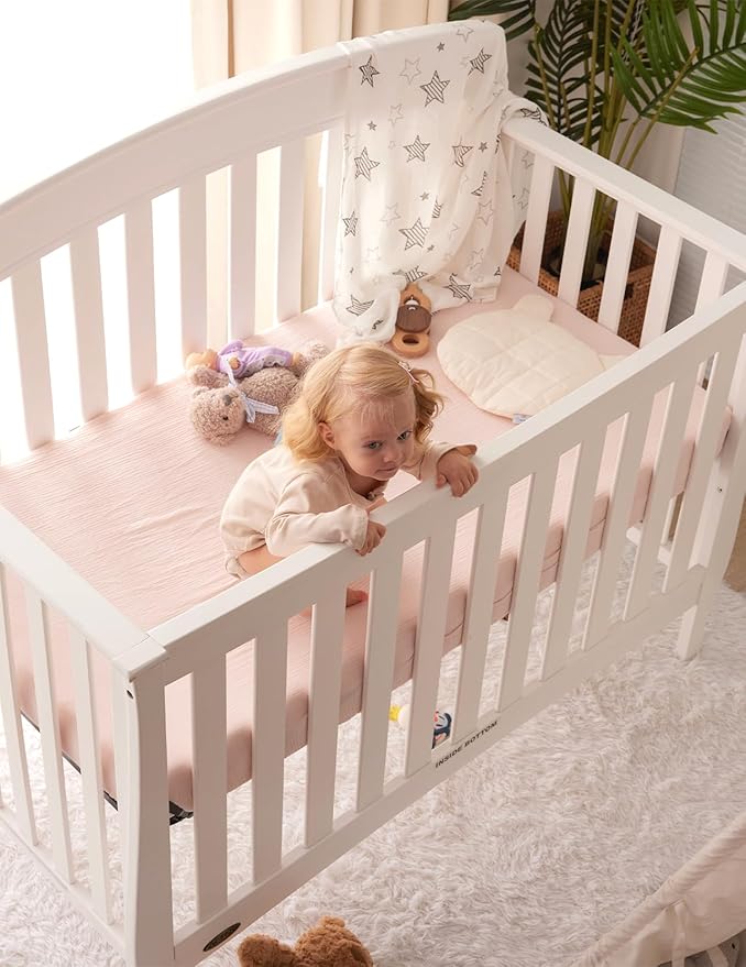 Momcozy Muslin Fitted Mini Crib Sheets, 38"x26", 2 Pack Soft Breathable Natural Cotton Baby Mattress Sheet, 360° Mattress Wrapping No Slip Boys Girls Neutral Toddler Bed Sheet, Beige Blush