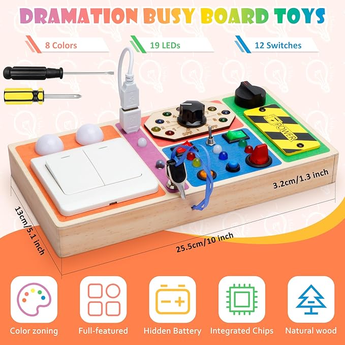 Busy Board with LED Light, Wooden Switches Board Sensory Toys for Toddlers 1-3, Toddlers Activity Travel Montessori Toys for 1 2 3 Year Old Boys Girls Birthday Gift
