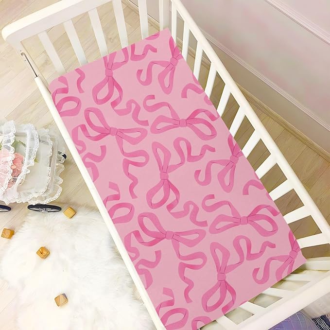 Baby Crib Sheets Pink Bow on Light Crib Sheets for Boys Girls,Neutral Bassinet Toddler Bed Play Sheets Breathable Soft and Portable 52 * 28 * 9in