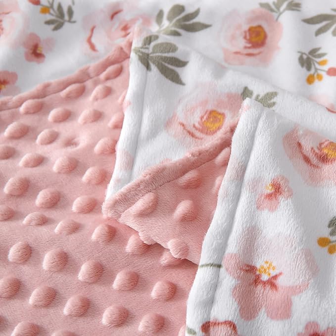 DaysU Silky Micro Soft Plush Baby Blankets for Girls with Print Floral Pattern and Soothing Raised Dots, Double Layer Bed Throws for Baby Crib, Blossom, Pink, 30x40 Inches