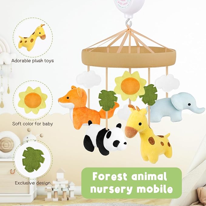 Animals Baby Crib Mobile - Safari Baby Mobile for Crib with 12 Lullabies for Boys & Girls, Baby Mobile for Bassinet for New Borns, Nursery Mobiles, Fits Standard Cribs
