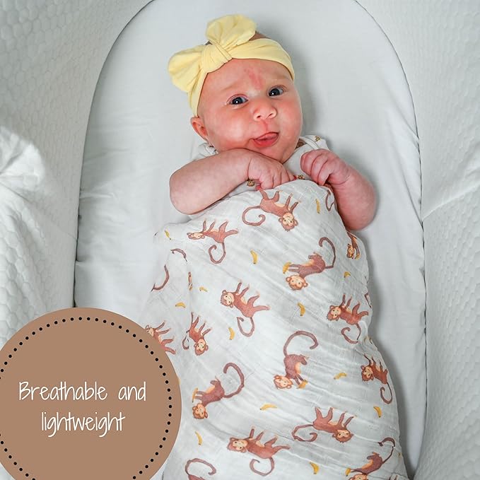 LollyBanks Muslin Swaddle Blankets, 100% Cotton Baby Swaddle Blanket for Boys and Girls, Large 47 x 47 Inches Newborn Swaddle, Soft and Breathable Baby Receiving Blankets, Registry (Monkey Print)