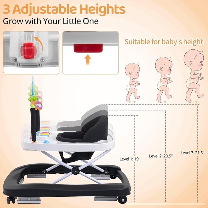 Foldable Baby Walker with Wheels, 3 Height Settings, 4-in-1 Activity Center for 6-18 Months with Tray, Music & Removable Footrest