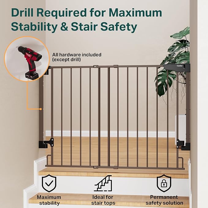 Cumbor 29.2–43" Baby Gate for Stairs, Wall-Mounted (Drill Required), No Bottom Bar Dog Gate, Auto Close Extra Wide Adjustable Walk Thru, Pet & Toddler Proof Gate, Top & Bottom of Stairways (Brown)