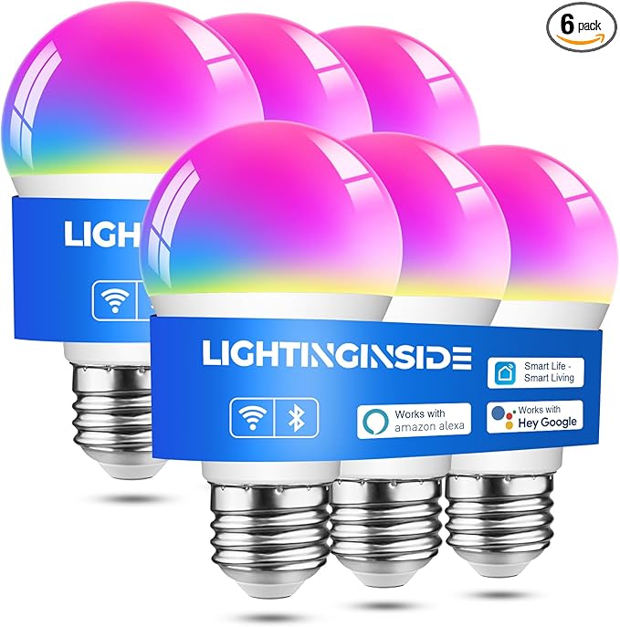 Smart Light Bulbs 6 Pack, Smart Bulb Works with Alexa/Google Home/Smart Life, CRI>90, RGBCW Color Changing LED Light Bulbs, 2.4G WiFi Bluetooth A19 E26 Bulb, No Hub Required, ETL Listed