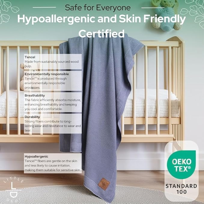 Hypoallergenic Silky Baby Blanket - 30x40 Inches Grey Blue, Oeko-TEX® Certified, Thermal-Regulating, Soft Knit Neutral for Girls & Boys - Swaddle or Toddler Blanket, Dua
