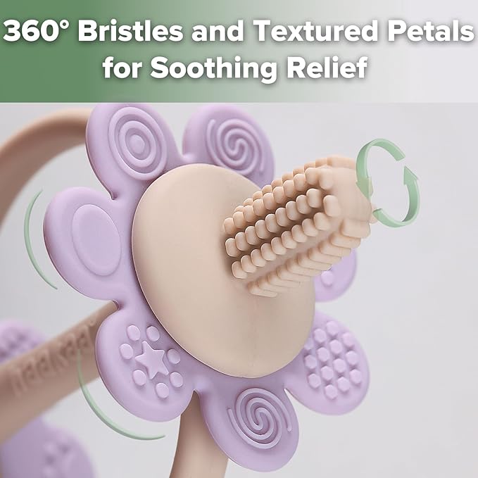 haakaa Silicone Twin Flower Teether,Nipple-Shaped End for Gum Massage,360Β° Baby Toothbrush Head for Self-Brushing Training,Easy to Grip - Lavender
