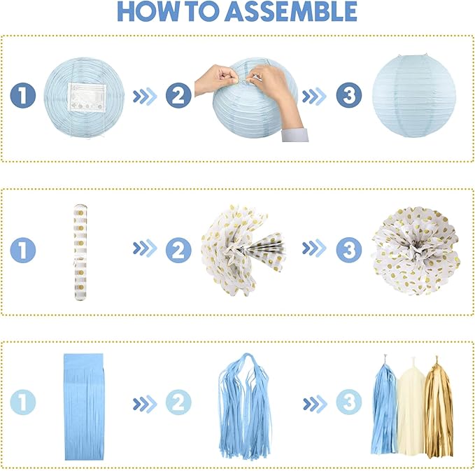 Amandir Dusty Blue Boy Baby Shower Decorations Welcome Baby Banner, Cake Topper, Paper Lantern, Light Blue Balloons, Pom Poms Flowers Tassels, Circle Dots Star Garland, Birthday Party Supplies