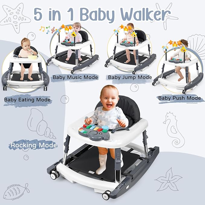 5-in-1 Music and Lights Baby Walker Foldable with 5 Adjustable Heights, Baby Walker with Wheels and Bouncer Combo Portable, Infant Toddler Walker for Baby Boy Girls 6-18 Months