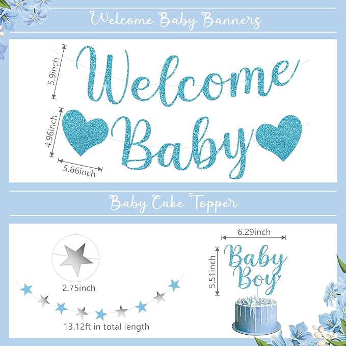 Amandir Blue Boy Baby Shower Decorations Welcome Baby Banner, Cake Topper, Paper Lantern, Light Blue Balloons, Pom Poms Flowers Tassels, Circle Dots Star Garland, Gender Reveal Birthday Party Supplies