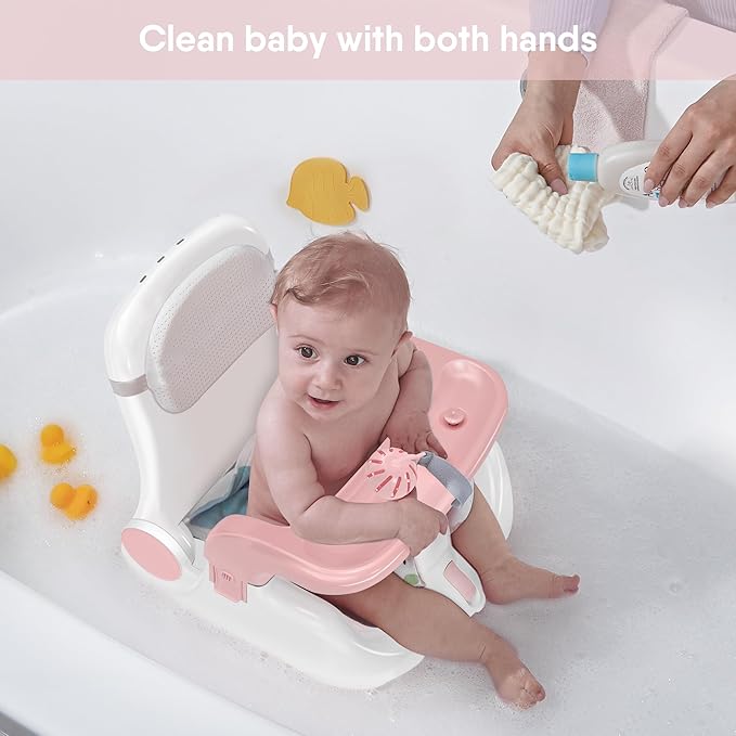 Baby Bath Seat with Sitting & Lying 2 Modes, 3-Speed Adjustment, Powerful Suction Cups, Infant Bathtub Chair with Washable Pillow, Folding and Hanging(Light Pink)
