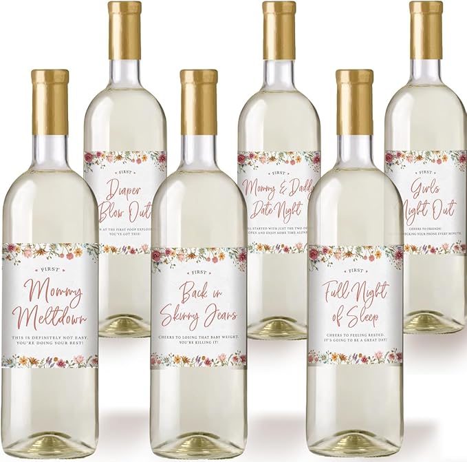 Printed Party Baby Shower Wine Label Gift Set - Mommy's First Milestones, Wine Bottle Labels for Expecting Mother to Be, Baby in Bloom Wildflower Theme (Set of 6)