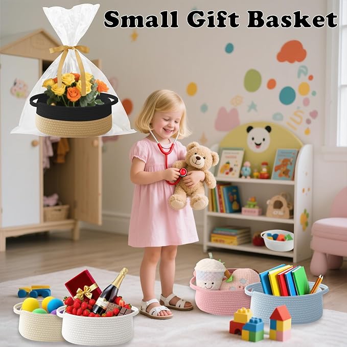 Gift Basket with Gift Bag and Ribbons,Small Rope Woven Shelf Storage,Baskets for Gifts Empty,Birthday,Shower,Decorative Organizer Box for Cat Dog Pet with Handles(Black&Jute)