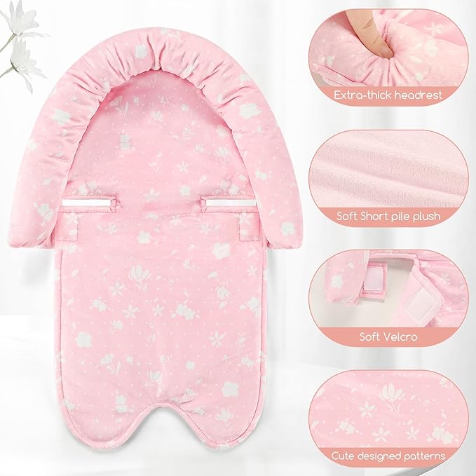 Infant Car Seat Insert & Strap Cover for Baby Girls, 2 in 1 Carseat Head Support Newborn, Ultra Soft Car Seat Cushion for Babies, Plush Fabric, Fit for Swing, Car Seat, Stroller, Bouncer, Pink