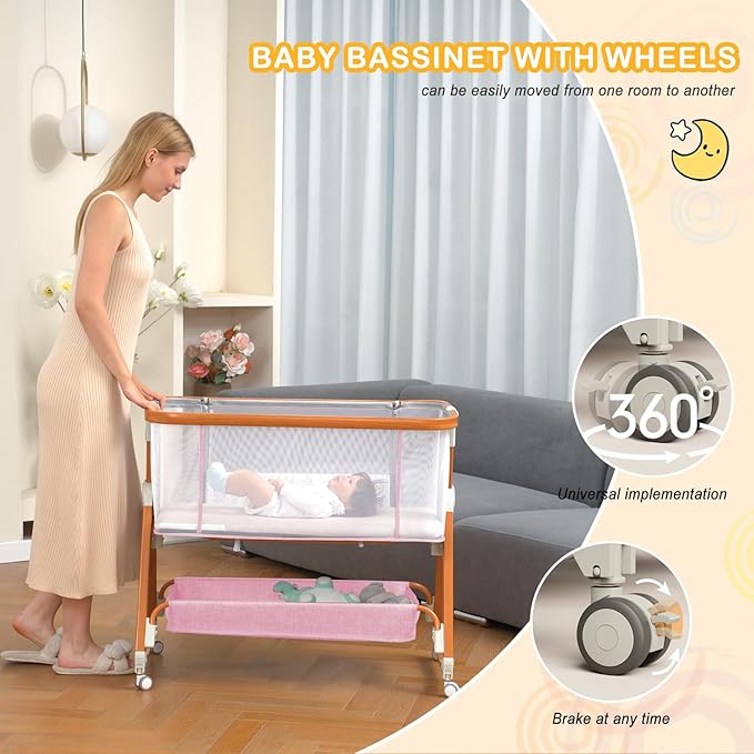 3 in 1 Bassinet,Baby Bassinets Bedside Sleeper with Musical Toy,Adjustable Height Bedside Bassinet for Baby with Wheels and Storage Basket,4-Sided Mesh Bedside Crib for Newborn 0-6 Months (Pink)