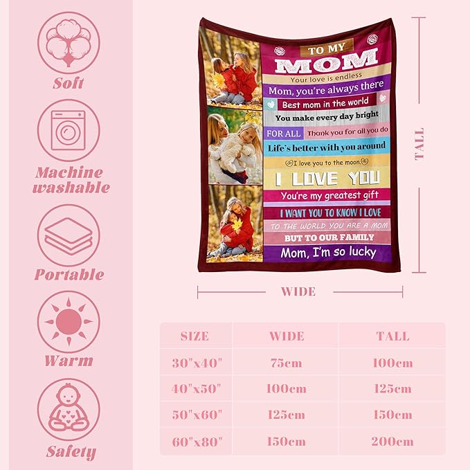 Personalized Mothers Day Birthday for Mom Custom Throw Blanket with Pictures, Customized Photo Blankets Gift for Mom Women Grandma Wife from Daughter Son Kids Husband(mom Stripe)