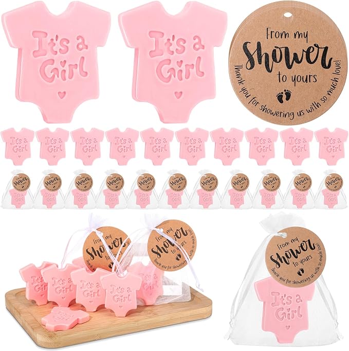 50 Sets Baby Shower Soap Favors for Guests Boy Girl Mini Handmade Scented Soaps with Thank You Tags and Organza Bags for Shower Gender Reveal Party Favors(It's A Girl,Pink Baby Shirt)
