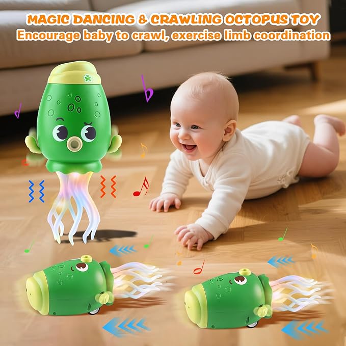 Dancing Octopus Baby Toy, Toddler Crawling Tummy Time Toys with Light and Music, Electric Magic Dancing Squid Toy for Kids 12-18+ Months, Funny 1st Boys Girls Birthday Gifts, Green
