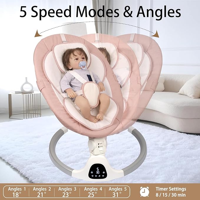 Electric Baby Swing for Infants, with Bluetooth Remote Control Timing Function and 10 Music 5 Swing Speeds 3 Seat Positions Baby Bouncer for Boy Girl Indoor & Outdoor Use (Pink)