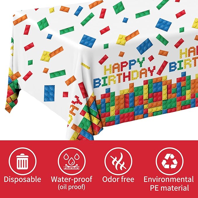 Gatherfun Building Block Tablecloth, Plastic Table Cover for Building Block Themed Kids Birthday Party, 3 PCS, 54'x108'