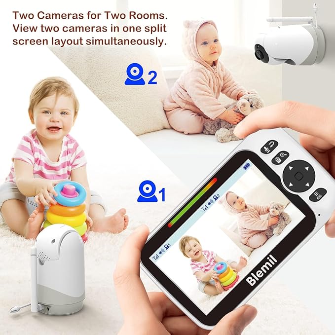 Upgrade Baby Monitor with 30-Hour Battery, 5" Large Split-Screen Video Baby Monitor with 2 Cameras and Audio, Remote Pan/Tilt/Zoom, Two-Way Talk, Room Temperature, Auto Night Vision