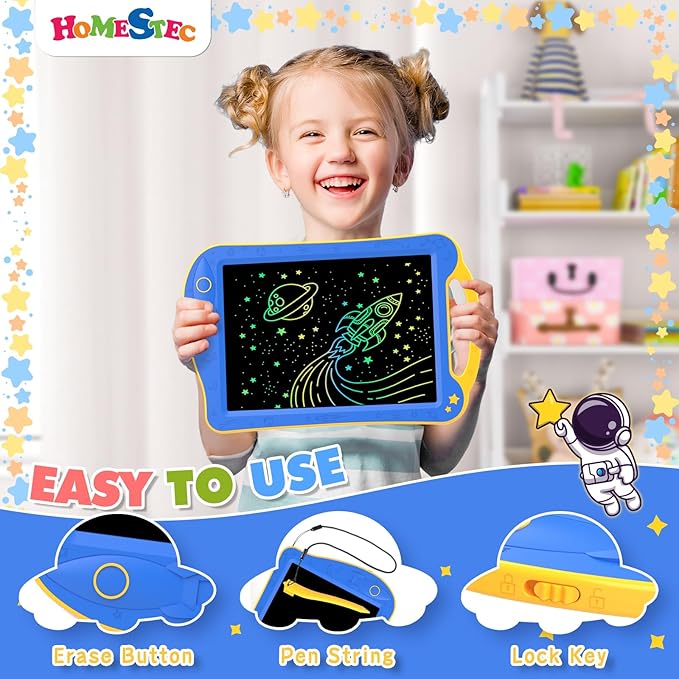 Astrodraw Drawing Pad Toys, Colorful LCD Writing Tablet for Kids, Doodle Board for Toddlers 3 4 5 6 Years Old, Travel Sensory Space Toy for Boys Girls, Birthday Gift Idea (Blue/Yellow)
