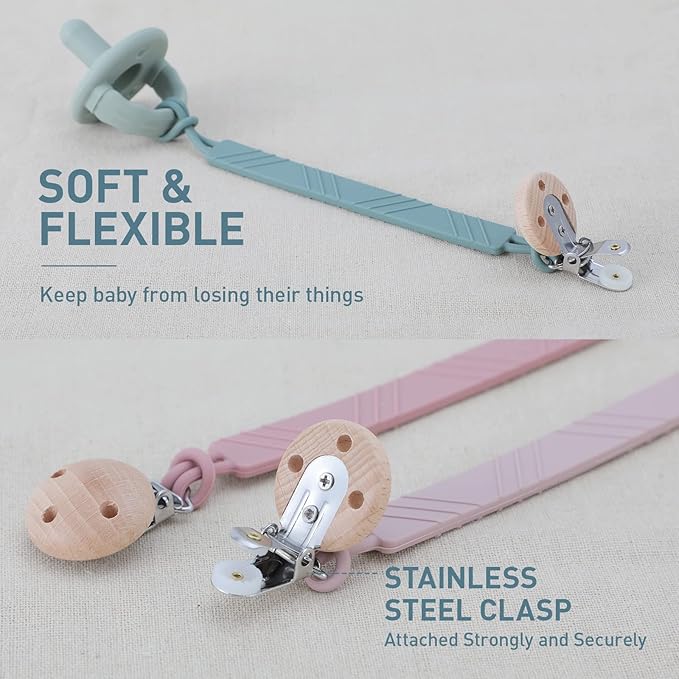 Silicone Pacifier Clip Holder for Baby Boy and Girl, Fits for Most Pacifier Teethers & Small Toys in Place, BPA Free (Sand+Light Grey)