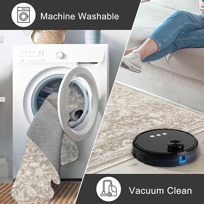 KILOCOCO Moroccan Small Area Rug 2x3 Entryway Rugs Printed Vintage Floral Washable Rug Non-Slip Kitchen Indoor Door Mat, Accent Throw Small Rugs for Laundry Room Bedroom Entrance, Beige