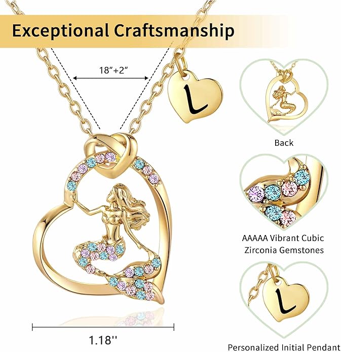 K-Acc 14K Gold-Plated Mermaid Initial Heart Necklace - Gifts for Girls