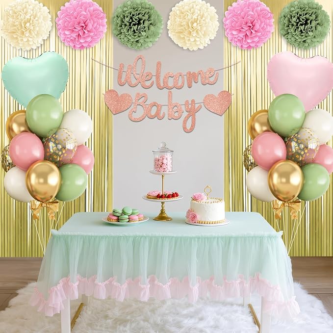 Dusty Pink Green Gold Baby Shower Decorations,Welcome Baby Banner with Sand White Sage Green Balloons Fringe Curtains Paper Pom Poms Flowers Tassels for Boho Baby Shower Gender Reveal Party Supplies