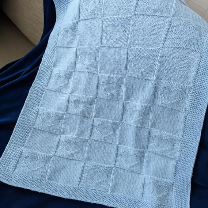 Heart Baby Knit Blanket – 100% Cotton Soft Lightweight Receiving Blanket with Square Heart Design for Newborn Infant Toddler Boy Girl, Cozy Crib Stroller Blanket