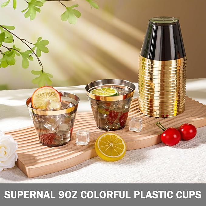 supernal 200 Pcs Gold and Black Plastic Cups,9Oz Gold Rimmed Disposable Cups,Heavy-Duty Plastic Cocktail Glasses for Party,Fancy Party Cups,Perfect for Christmas,Holiday,Birthday Party Events