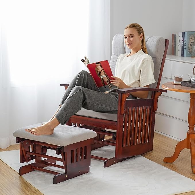 Glider Rocking Chair Nursery with Ottoman Smooth Rocking Motion, Easy to Assemble, Solid Hardwood Base Indoor Adult (White)